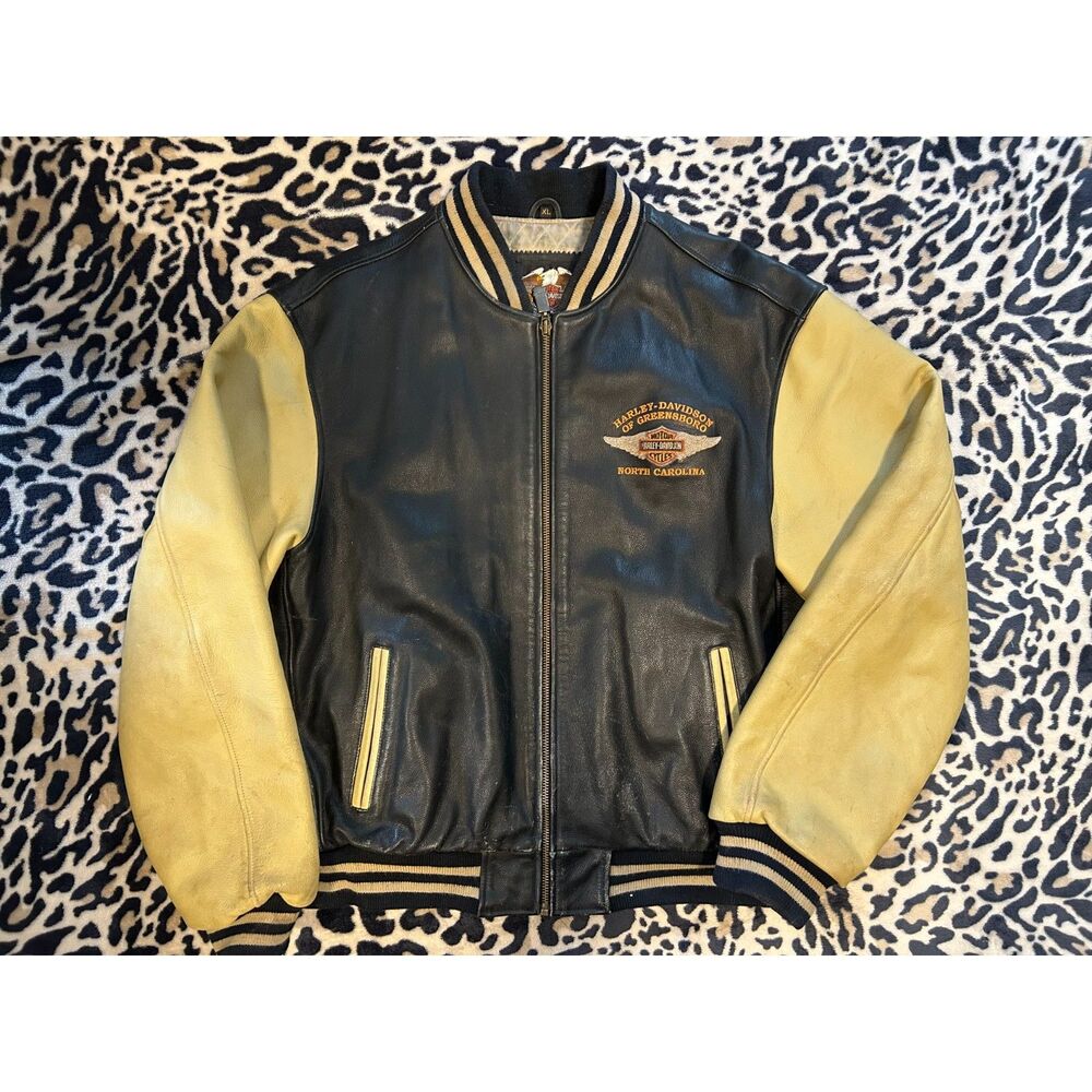 vintage grail 🦅 90s harley davidson full leather varsity jacket 🤎🖤